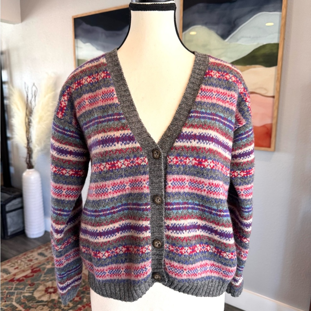 J. Crew Gray Multicolor Striped Wool Cardigan